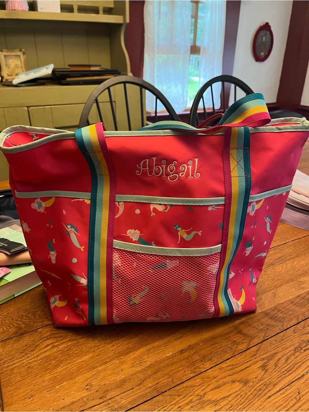Personalized Abigail Pink Mermaid Tote with Rainbow Straps